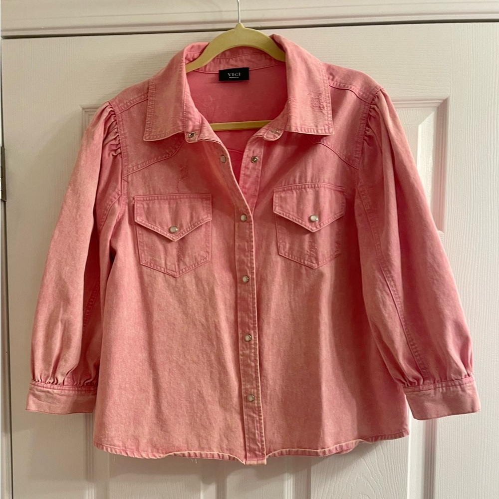Vici Denim Button Down Blouse, Pink M